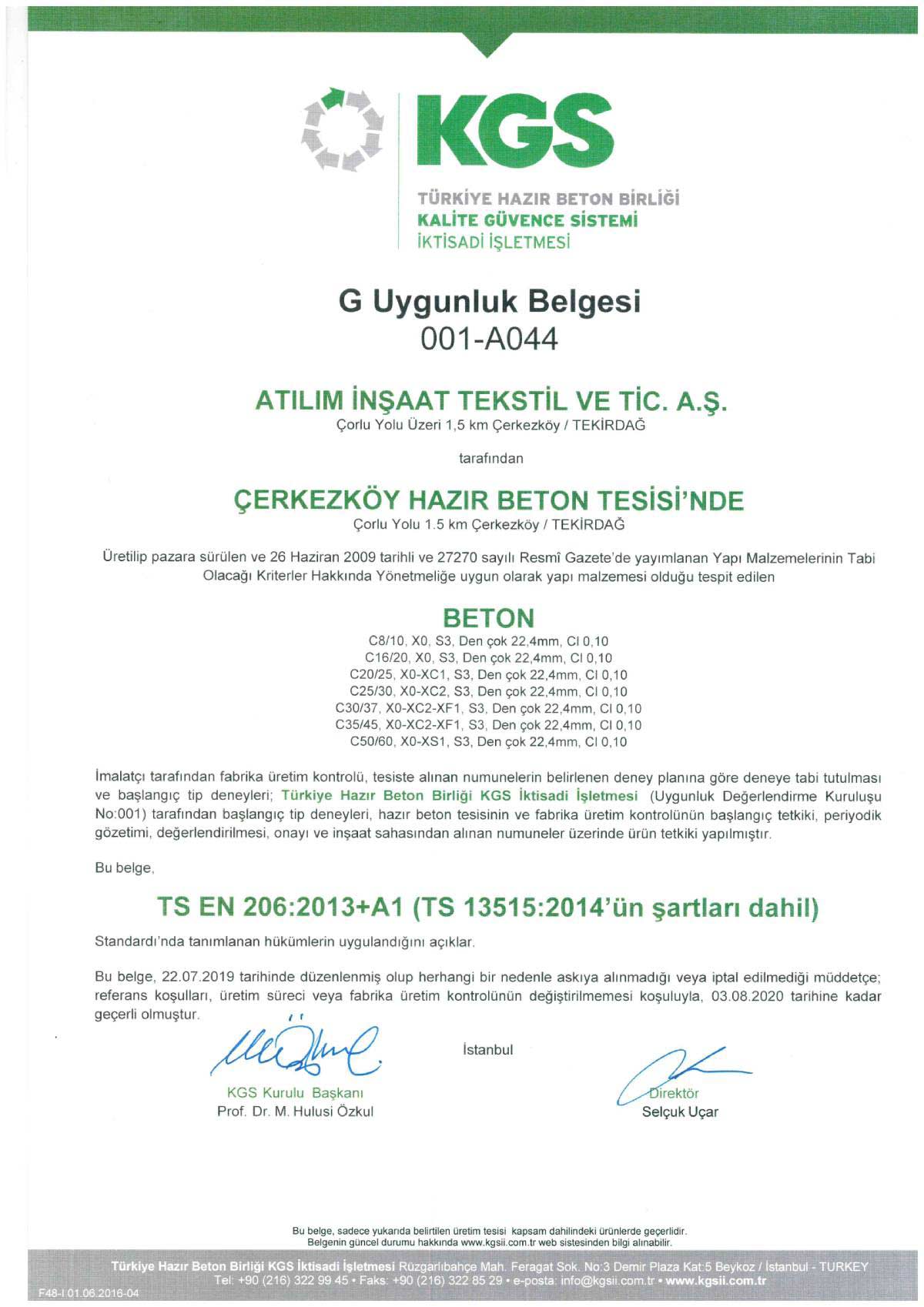 Çerkezköy G Uygunluk Belgesi