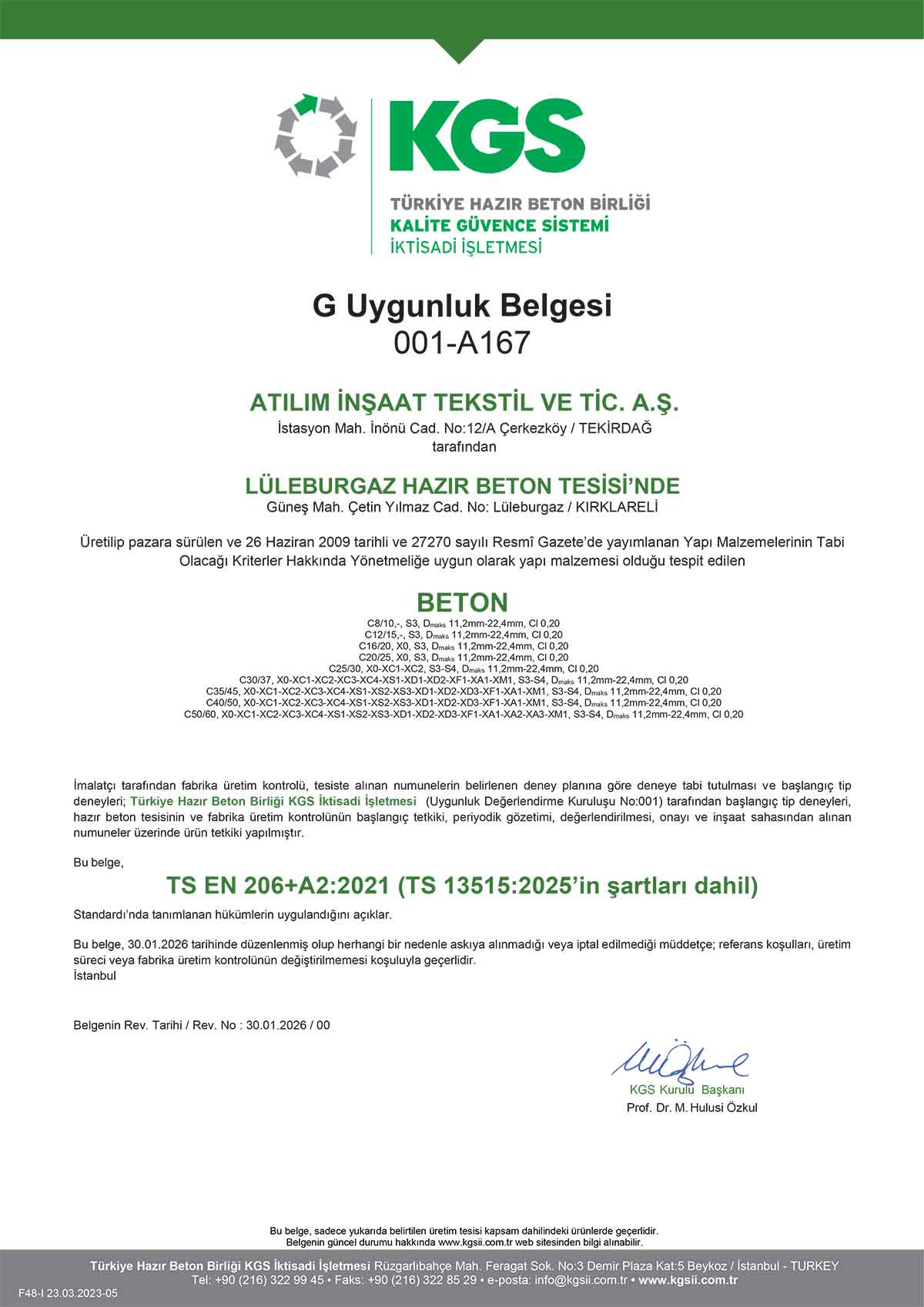 Lüleburgaz G Uygunluk Belgesi