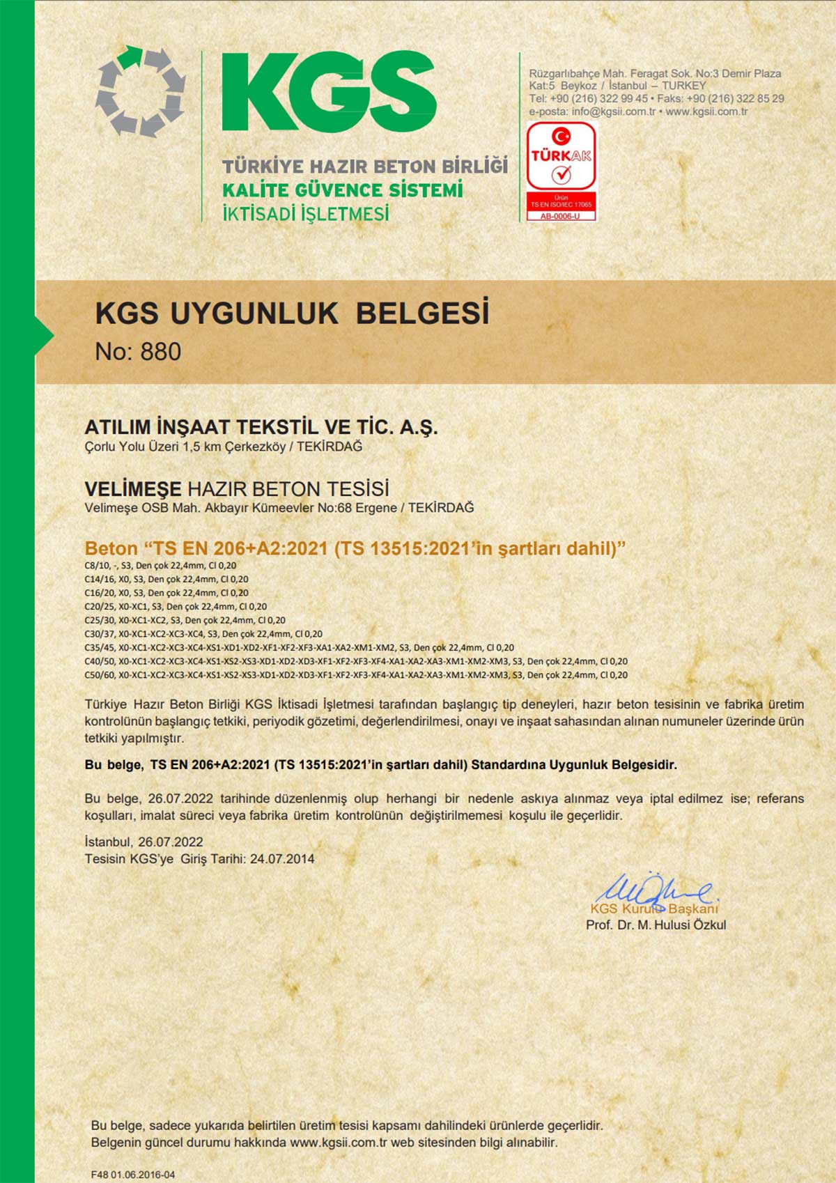 Velimeşe KGS Uygunluk Belgesi